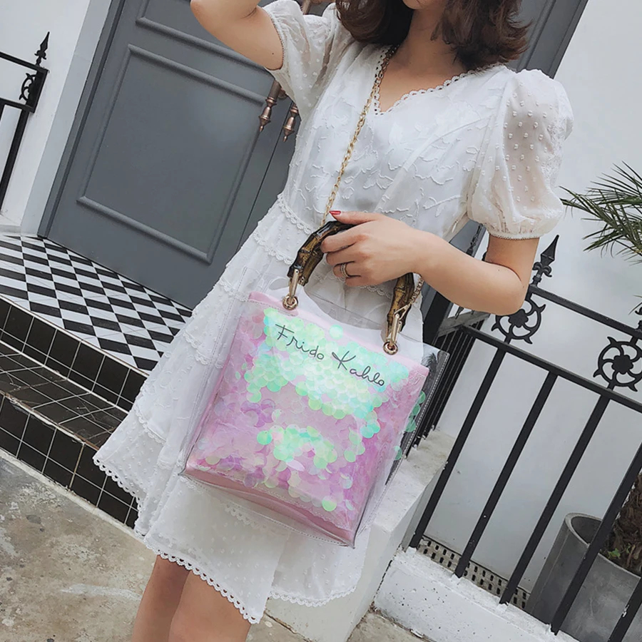 

2Pcs Clear Transparent Women Messenger Bag Pvc Jelly Sequines Laser Beach Straw Bags Top-handle Chains Handbag Women Fashion Bag