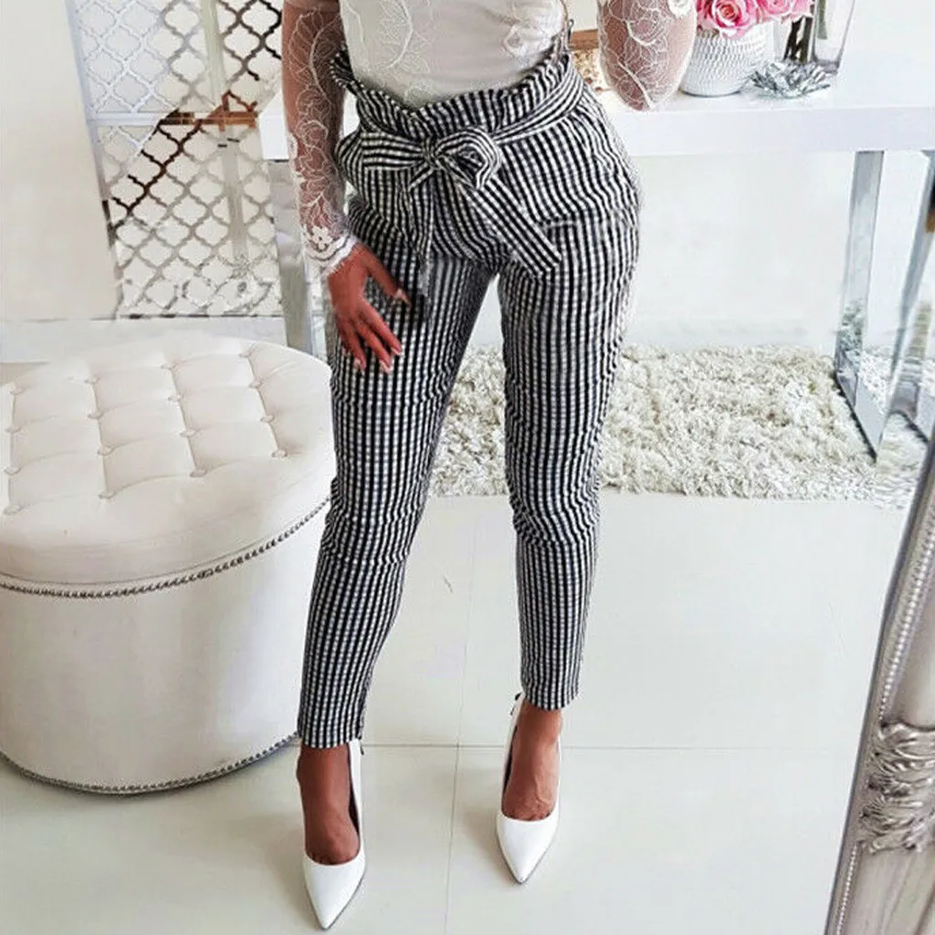

WOMAIL Drawstring Waist Houndstooth Pants Fashion Polyester Material Bow Design High Waist Fashion Casual Pants 19APR01