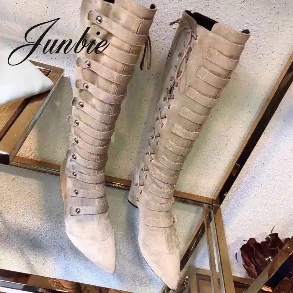 

JUNBIE Top Quality New Genuine Leather Rome Lace Up Chunky Heel Women Winter Boots Sexy Pointed Toe Knee HIgh Boots Shoes Women