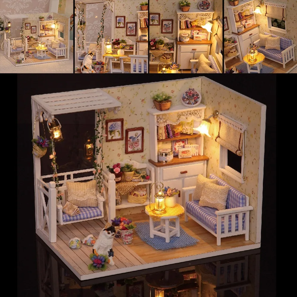 DIY Wooden Dollhouse Furniture Kits LED Light Miniature Christmas Dollhouse Puzzle Toy Festive