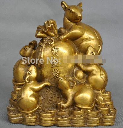 

0 5'' China Zodiac Five Rat Mouse Money Coin Bag Bronze Statue