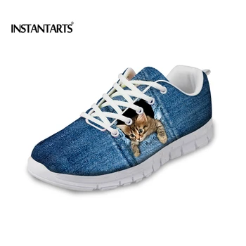 

INSTANTARTS 2018 Fashion Men's Comfortable Casual Flat Shoes Blue Denim 3D Animal Cat Print Men Lace Up Lightweight Man Sneakers