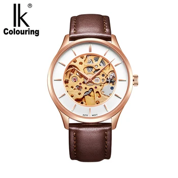 

IK Colouring Male Wristwatch Stainless Steel 5ATM Water Resistance Mechanical Skeleton Steampunk Genuine Leather Automatic Watch