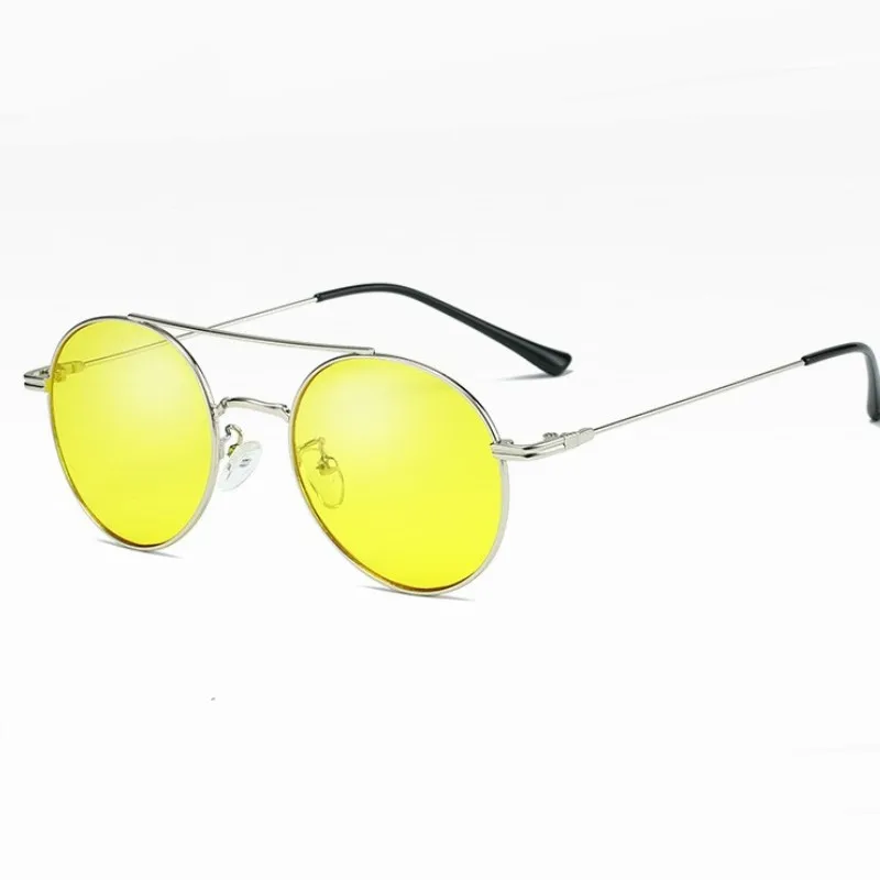SILVER YELLOW Мужские солнцезащитные очки с двойным мостом, круглая оправа из сплава, винтажные черные солнцезащитные очки, женские роскошные солнцезащитные очки, классические очки Uv400 - Lenses Color: SILVER YELLOW