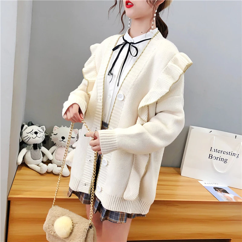 ^*Best Offers 2019 Ruffles Cardigan Women Autumn Winter Elegant Long Sleeve Loose Sweater Oversized Coat Jacket jumper cardigan mujer