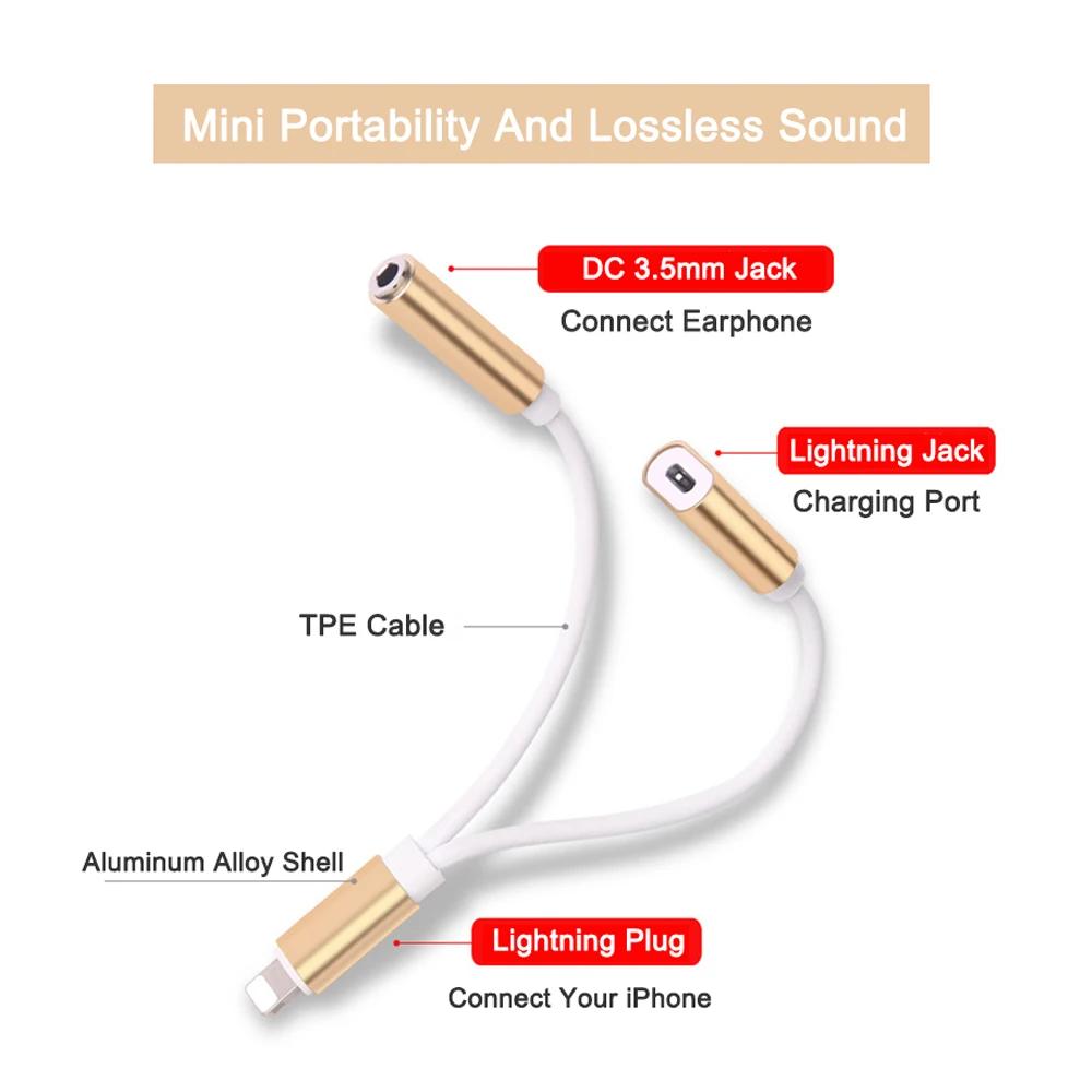 

2 in 1 Audio Charger Cable For Lightning To 3.5mm Earphone Jack Adapter Splitter For iPhone 7 Plus Aux Cable ios 10.3-12