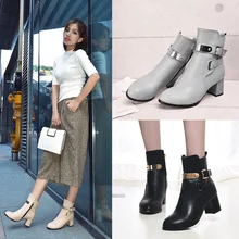 2016 New Fashion Winter Women Ankle Boots High Heels Buckles Square Heel Women Boots Pointed Toe Shoes Woman Martin Boots
