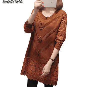 

New Autumn Winter Women Pullovers Sweater Knitted Jumper Fashion O-Neck Patchwork Lace Casual coat Female Long Sweaters A1112