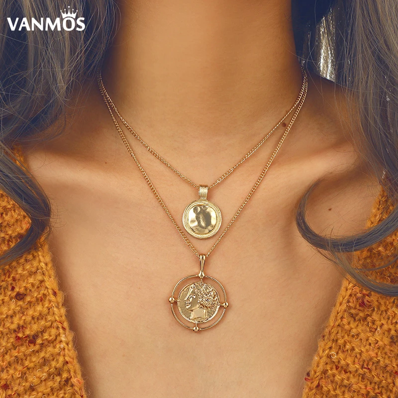

Vanmos Vintage Bohemia Two Layer Rome Portrait Pendant Choker Necklace Female Statement Gold Color Alloy Handmade Collar Fashion