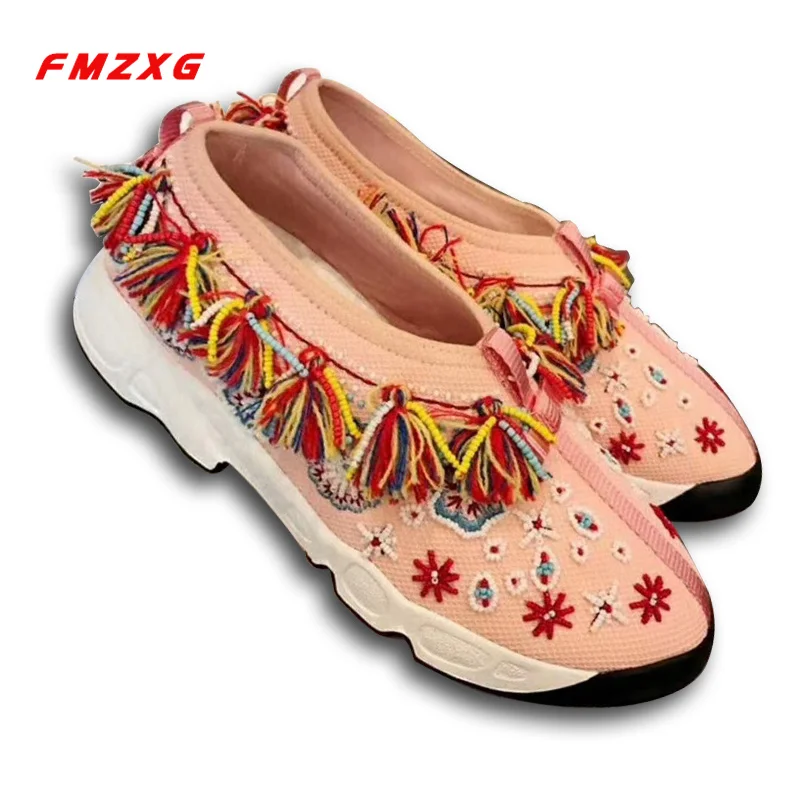 

Fashion Fringe String Bead Casual Comfortable Flats Shoes Mesh High Quality Shoes Floral Spring Autumn Round Toe Sneakers Women