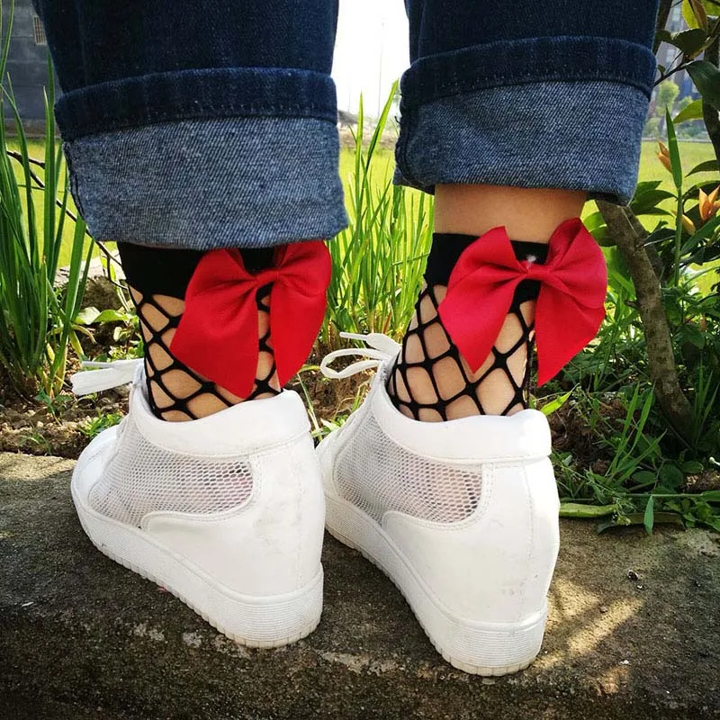 Женские носки черные дышащие в сеточку с бантиком Harajuku женские летние ажурные