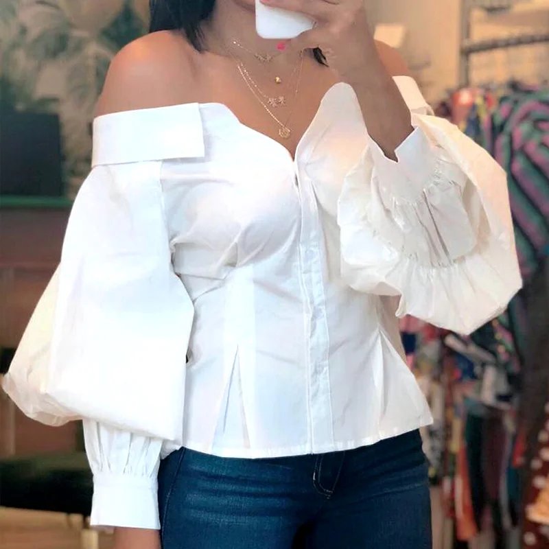 

Off Shoulder Women's Lantern Sleeve Shirt Top Brief Ruched White V-Neck Elegant Feminine Blouse Summer Solid Shirts Tops Woman