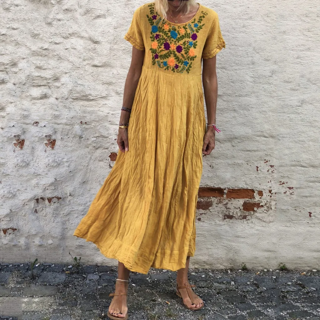

Women dress Summer kleid Vintage Short Sleeve O Neck Embroidered Casual Maxi Dress zomerjurk dames 2019 vestidos