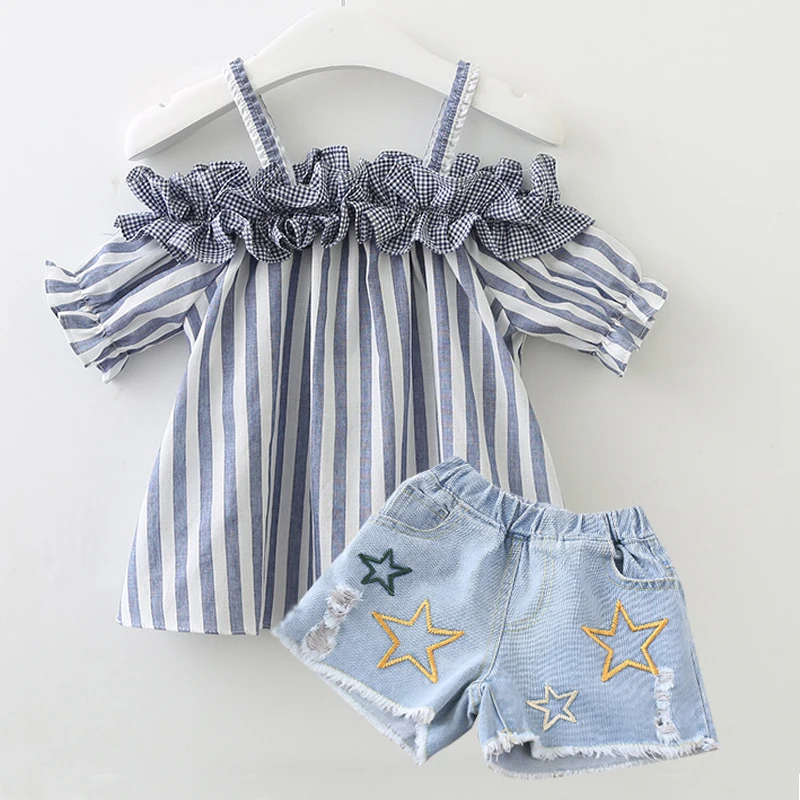 2019 New Fashion Girls Clothes Sets Summer Style Flower Collar Striped T-shirt+Denim Shorts 2 Pcs Suit Girls Clothes Kids Sets 2019 New Fashion Girls Clothes Sets Summer Style Flower Collar Striped T-shirt+Denim Shorts 2 Pcs Suit Girls Clothes Kids Sets