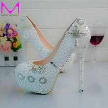 Kristall Hochzeit Schuhe Kreuz Strass Braut Kleid Schuhe Weiße Perle Plateauschuhe Geburtstag Party Prom Pumpen Große Größe 45