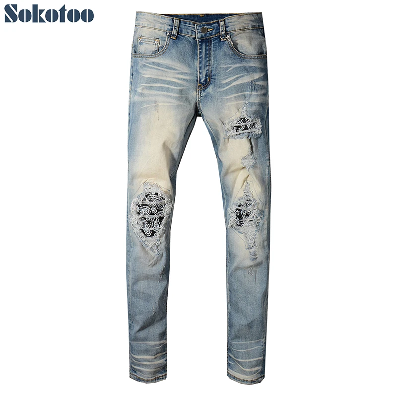 

Men's bandana crystal vintage blue jeans Slim fit skinny floral printed ripped stretch denim pants