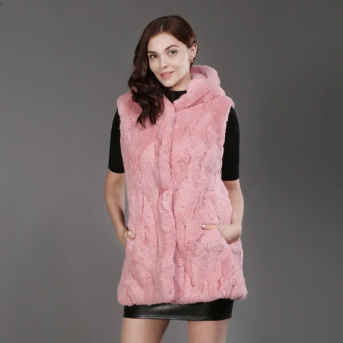 pink Хорошее качество, зимний женский Настоящий мех кролика, жилет с капюшоном, теплый жилет из меха кролика Рекс, длинный стильный жилет из меха кролика рекс - Цвет: pink