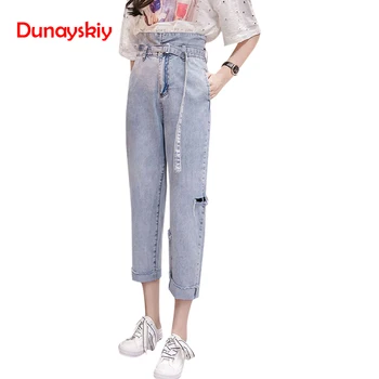 

Women Summer Blue High Waist Loose Casual Denim Jeans Fashion Hole Sashes Cuffs Ankle-Length Wide Leg Pants Trousers Dunayskiy