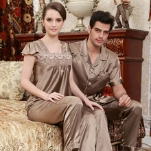 Chinese satin Pyjamas Couple pajama sets short sleeve pijamas women’s sleep& lounge female homwear faux silk lady’s sleepwear