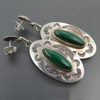 

Vintage Green Stone Dangle Earring Sliver Oval Pattern Drop Earrings for Women Natural Lazuli Wedding Engagment Earring Jewelry