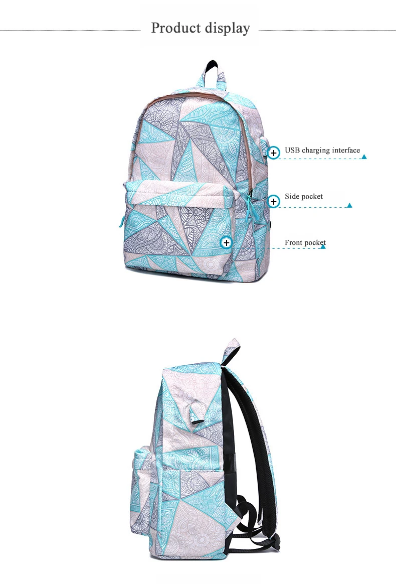 New Small Fresh Ladies Geometric Pattern USB Interface Laptop Backpack Young Schoolbag For Teenage Girls Woman Travel Back Pack