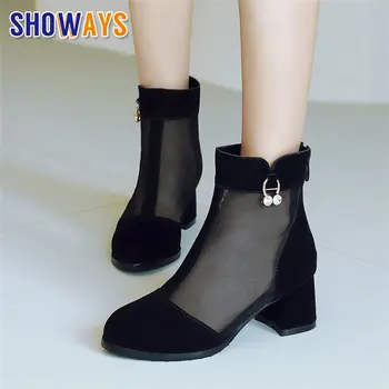 

Summer Women Ankle Boots High Block Heels Black Cool Mesh Flock Casual Party Club Rhinestone Zipper Ladies Round Toe Short Boots