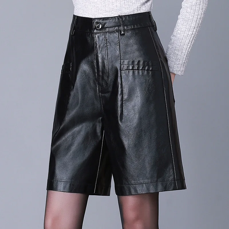 SHINYMORA весенние шорты из искусственной кожи для женщин, повседневные кожаные шорты с карманами, высокая талия, женские сексуальные модные черные шорты большого размера