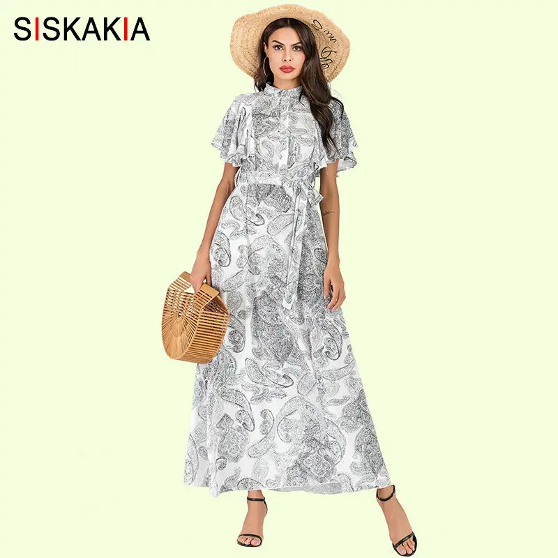 

Siskakia Vintage Ethnic Party Long Dress Cloak Design Ruffles Sleeve Maxi Dresses Stand Collar Single-breasted Shirt Dresses New