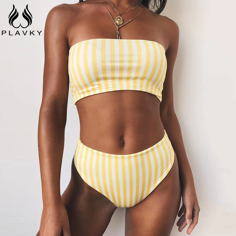 Kaufen PLAVKY 2020 Retro Sexy Gelb Gestreiften Liebsten Bandeau Biquini Cut Hohe Taille Schwimmen Badeanzug Badeanzug Bademode Frauen Bikini