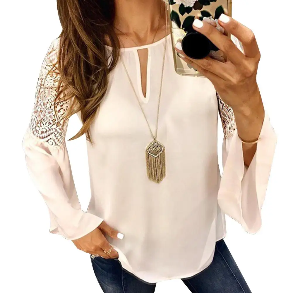 النساء بلون جوفاء الدانتيل خياطة جولة الرقبة قميص عارضة الخريف زائد حجم مضيئة كم بلوزة شيفون السيدات قمم