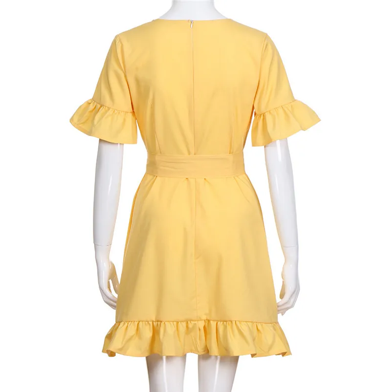 HOT sell Fashion summer dress beach dress Women casual V-Neckline Dress Solid Short Sleeve Irregular dress vestidos Y12#N (4)