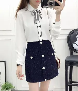 

2018 Spring New Fashion Women Bow Lace Shirt Top & Skirt Suit Girl 2 Piece Clothing Set Button Clothes Lady Outfit Vestidos