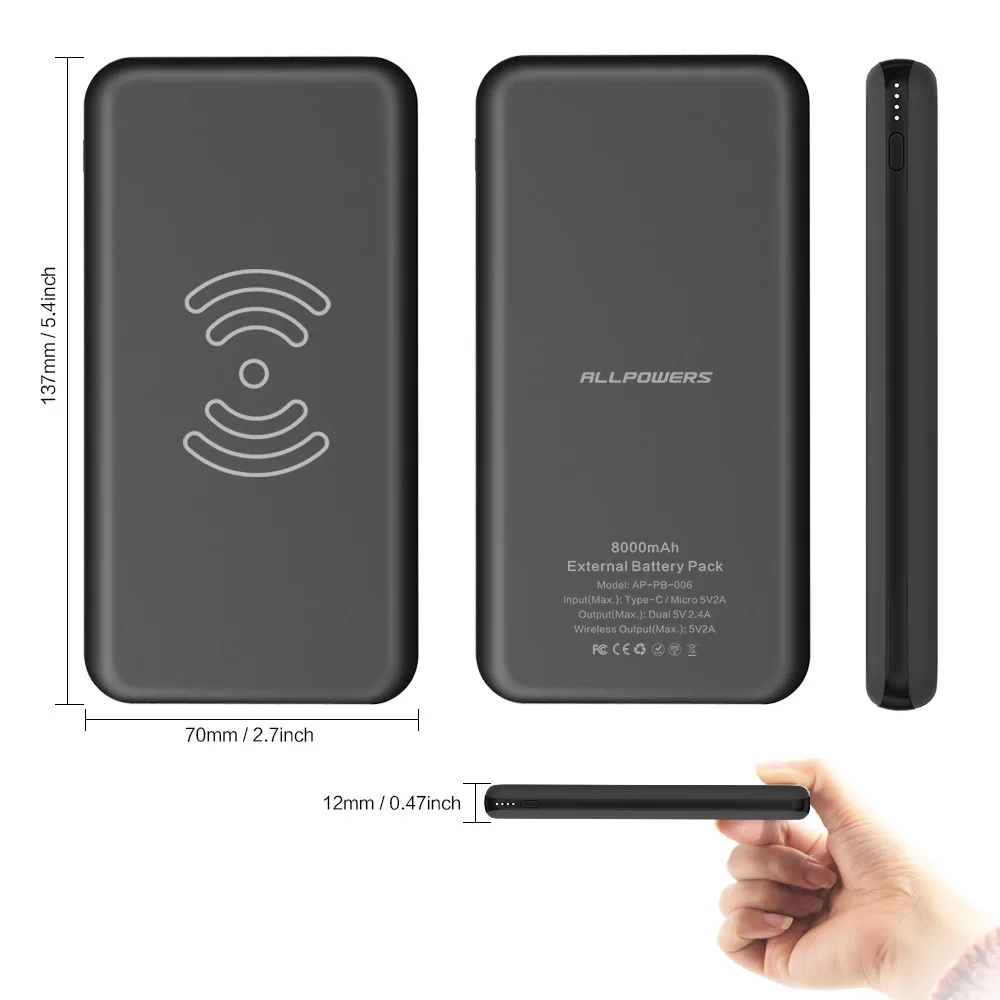 ALLPOWERS Wireless Charger 8000mAh Power Bank External Battery Charger Pack QI Wireless Charging Pad for Samsung Galaxy Note 8 ALLPOWERS Wireless Charger 8000mAh Power Bank External Battery Charger Pack QI Wireless Charging Pad for Samsung Galaxy Note 8