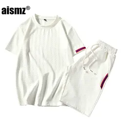 Aismz 2018 модные летние шорты Чистый цвет с круглым вырезом комплекты Для мужчин Повседневное костюм для Для мужчин; футболка + короткие штаны
