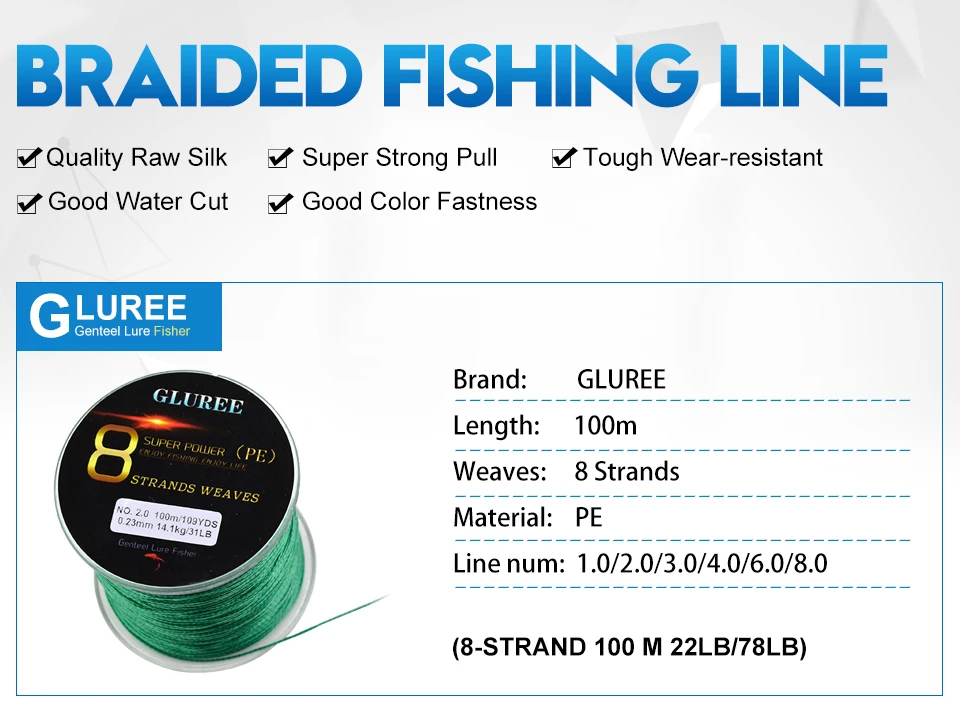 GLUREE 100M109Yards 8 Stands PE Line Braided Fishing Line 100% PE Multifilament Fishing Line Super Strong High Quality 22-78LB (7)