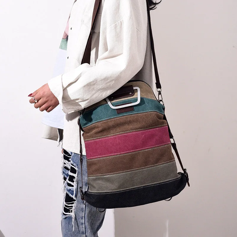 

Handbag Shoulder Bags Three-Use Canvas Female Color Bar Stitching AB@W3 Women bag