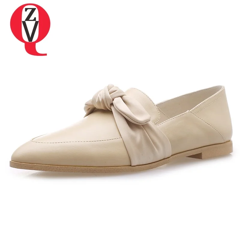

ZVQ shoes women 2019 spring newest sweet bowtie handmade genuine leather women pumps low square heel pointed toe slip-on shoes