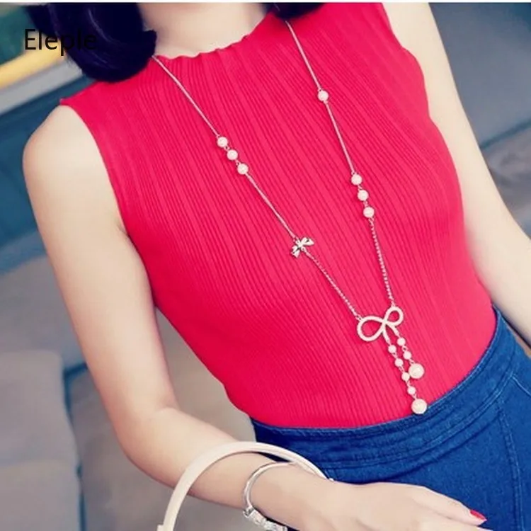 

Eleple Extra Long Bow Knot with Pearls Necklace Japanese and Korean Fashion Sweater Chain and Jewelry A5001