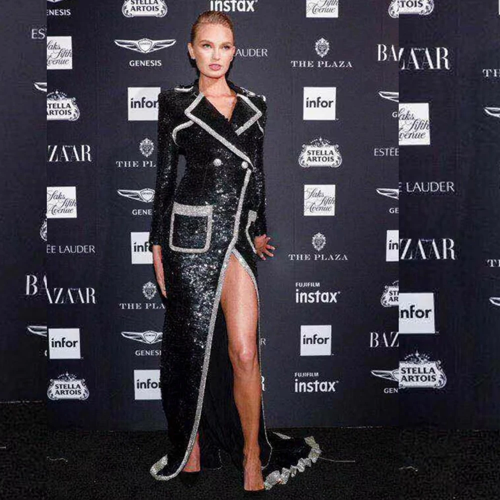 

New Arrival Long Maxi Sequin Dress 2018 Fashion Mesh Packets White With Black Patchwork Long Sleeve Celebrity Evening Vestidos