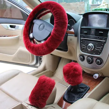 

KKYSYELVA Pink Car steering wheel cover Winter Handbrake Gear Shift Cover Plush Auto Steering wheels Interior Accessories