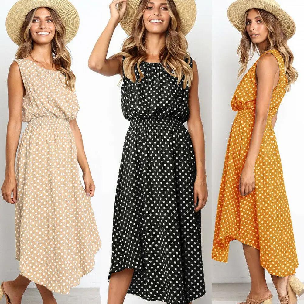 

2019 Women Summer Dot Long Casual O Neck Loose Sleeveless Holiday Polka Dot Maxi Dress Shirt Beach Dress