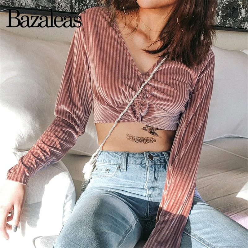 

Bazaleas 2019 Slim Deep V Neck Women T shirt All Match Long Sleeve Women T-shirt Vintage Velvet womens Crop top Fashion tshirt