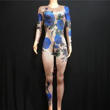 Сексуальный синий комбинезон со стразами Вечеринка роза цветок эластичный костюм леди сценическая одежда горный хрусталь праздновать боди с имитацией обнаженного тела DN2997