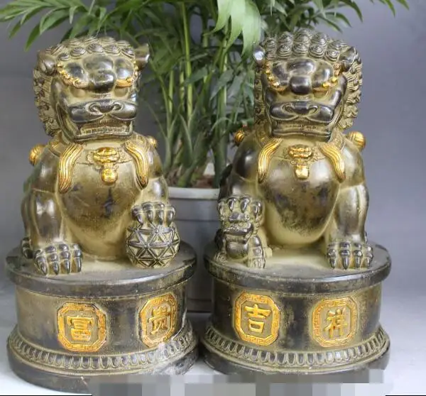 

S3261 Chinese Buddhism Bronze Gilt Guardian Foo Fu Dog Door Lion Ball Son Statue Pair