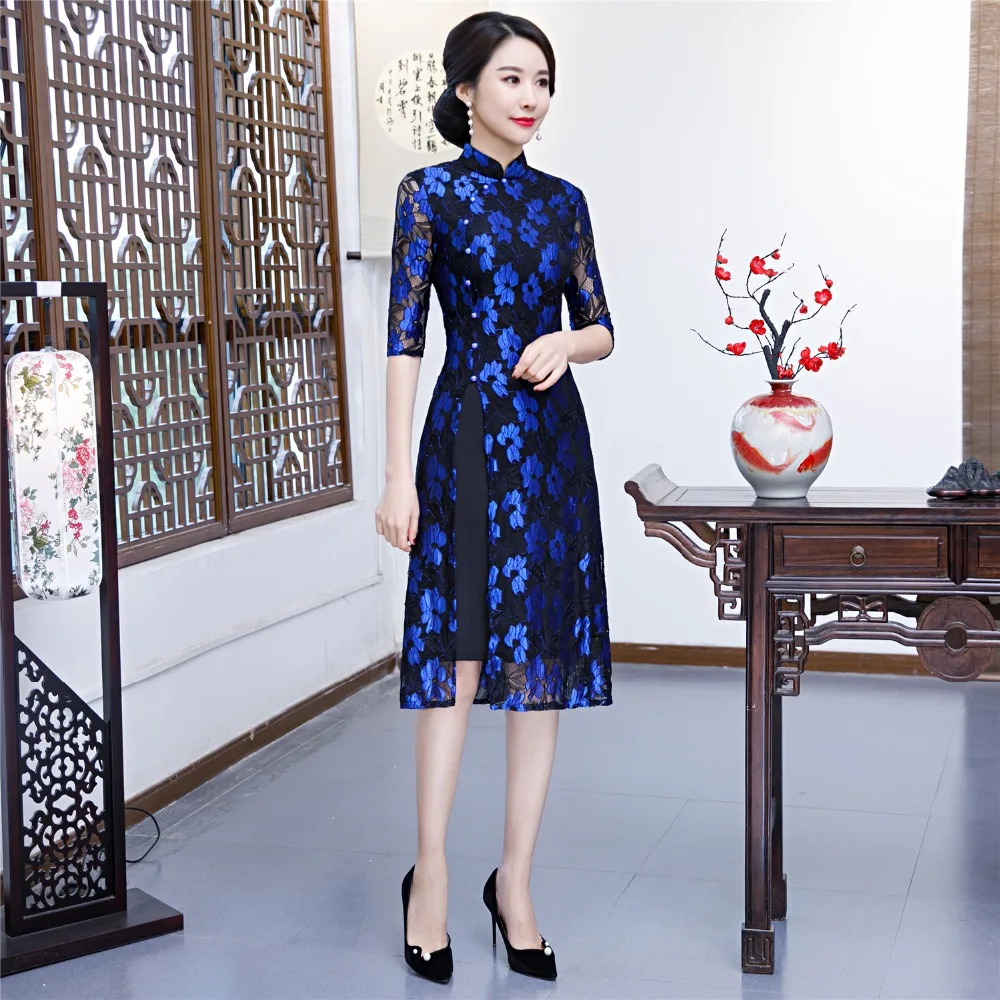 Шанхай история 3/4 рукавами Вьетнам aodai цветочный Китайский традиционный Костюмы женские Qipao воротник-стойка китайское платье