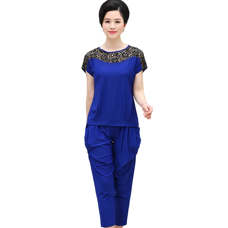 

Middle aged women's spring short sleeve loose two-piece summer Sportswear leisure suit large size women pants suit AS905
