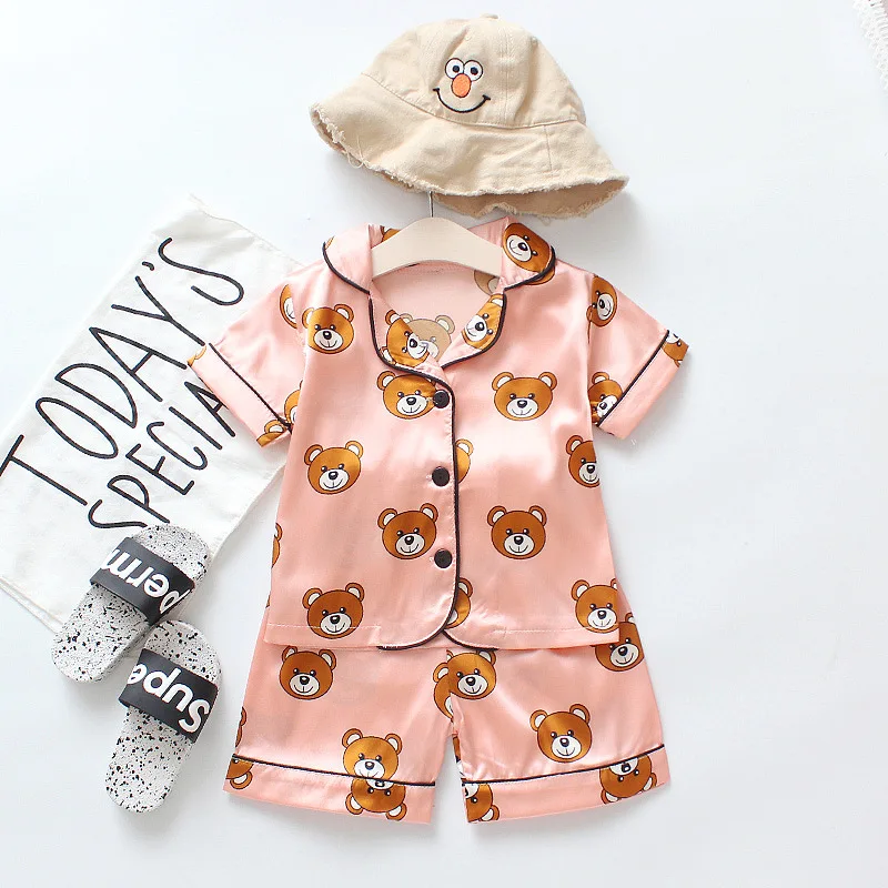 Fashion boutique little bear kids summer fall pajamas ice silk baby girl boys set