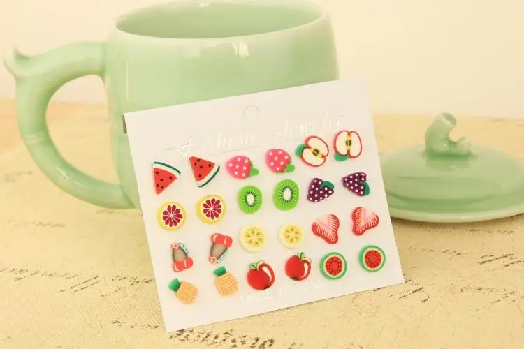 

12 pairs/set Cute Fruit Earrings Strawberry pineapple tomato kiwi orange cucumber dragon apple Pineapple fruit Earrings Dainty