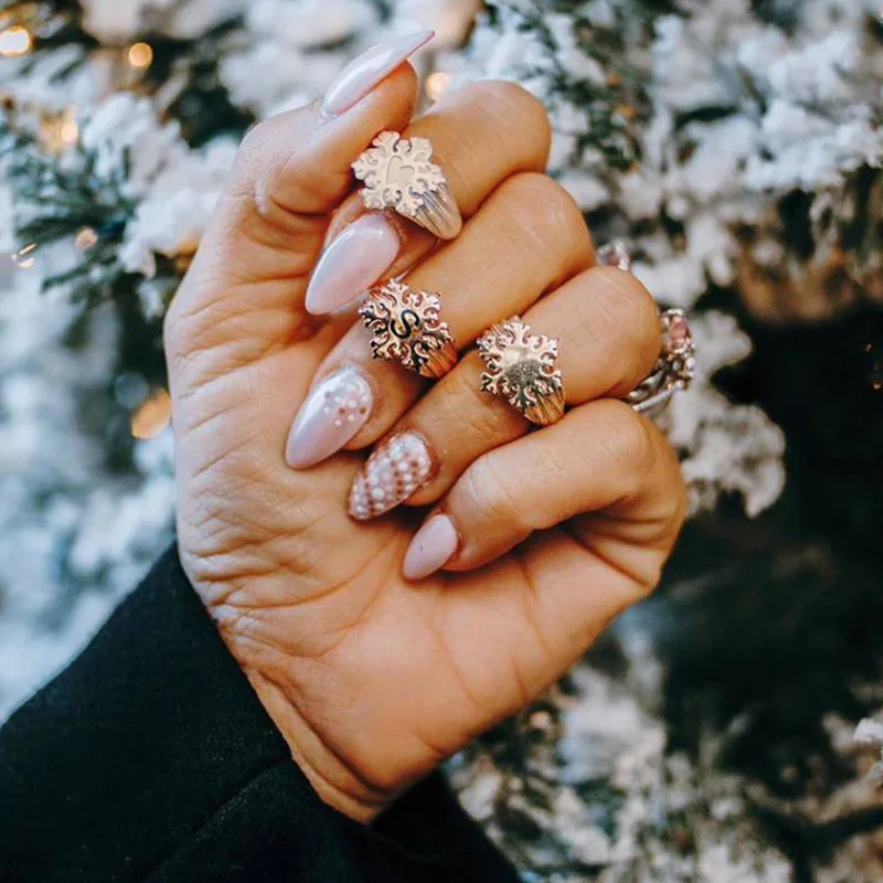 

3 Pcs/ Set Personality Carving Snowflake Heart Letter Round Irregular Gold Joint Ring Female Fashion Party Ring Jewelry Gift