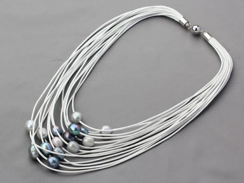 11 12mm Gris Y Negro Perla De Agua Dulce En Multi Strand Cuero Collar 